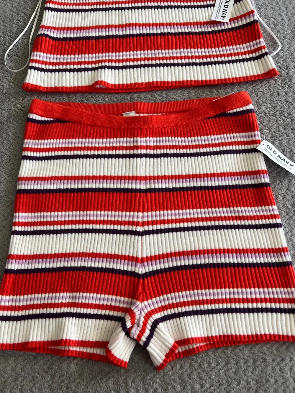 NWT Old Navy Red Striped Knit High Rise Ribbed Shorts & Halter Crop Top Set